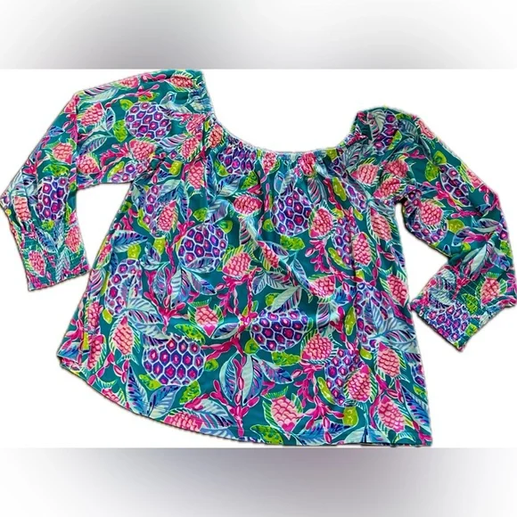 LILLY PULITZER Lana Off the Shoulder Top Maldives Green Turtle Wave Size XL - Picture 5 of 11